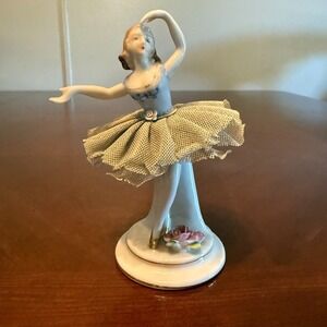 Vintage 1940 Occupied Japan Porcelain Ballerina Figurine Lace Dress s 5"